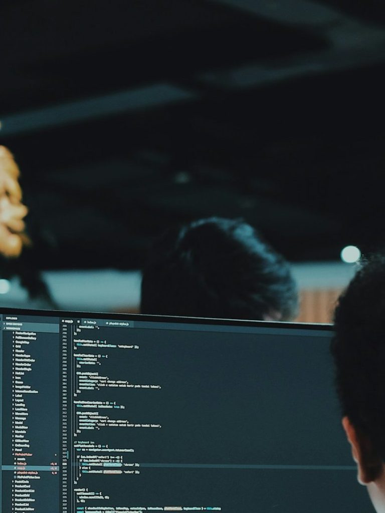 Person sitzt am Computer und arbeitet an Programmiercode, Pflanzen im Hintergrund.